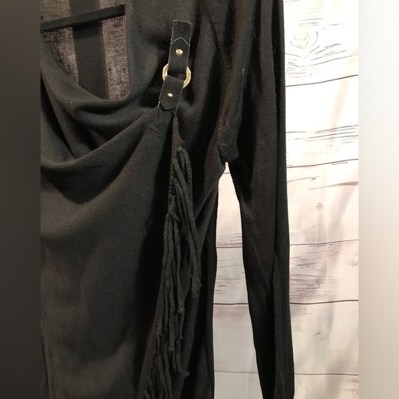 🖤BLK FRINGE BUCKLE WRAP CLOSURE LONG SLEEVE CARDIGAN SZ SM BY ALLISON BRITTNEY - Picture 3 of 6